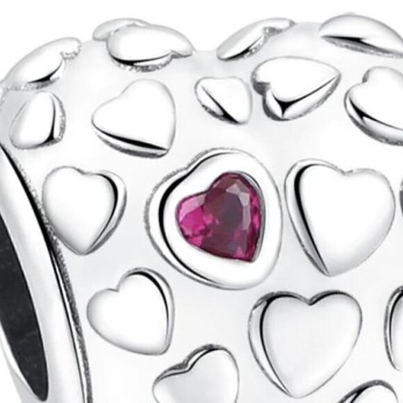 Sterling Silver Embossed Heart Charm with Cubic Zirconia Stone - Picture 3 of 4